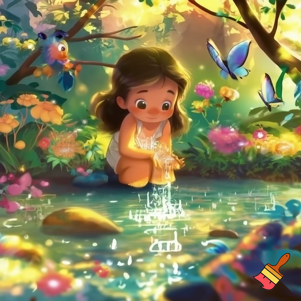 Маленькая девочка возле волшебного ручья набирает воду в ладошки, Всё блестит и сверкает от солнечного цвета, Вокруг красивые цветы, животные , птицы , стрекозы и бабочки