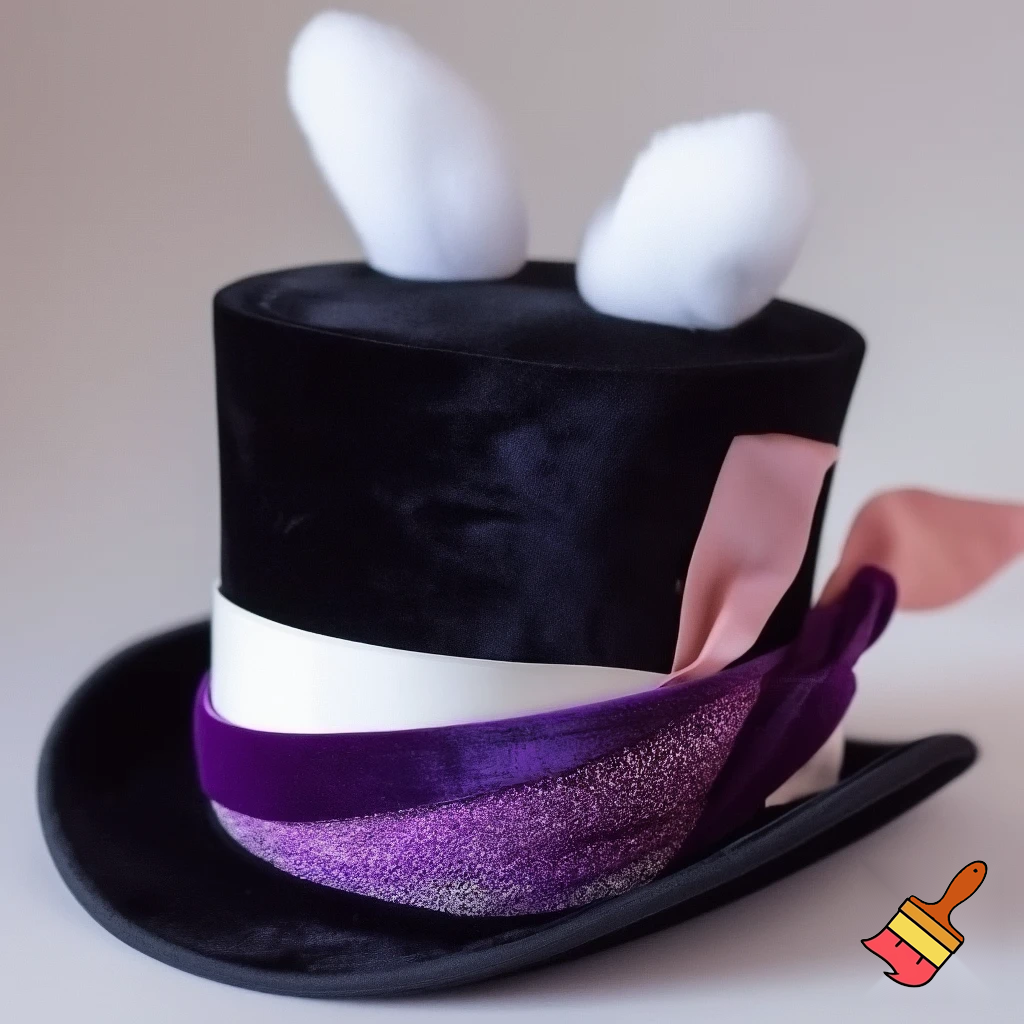 Black top hat with bunny ears velvet white and purple purple and white headband fabric and velvet glitter, purple and pink