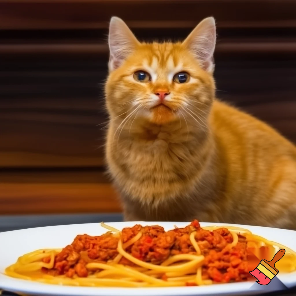 un petit chat roux femelle avec un petit sourire espiegle qui mange dans mon assiette de spaghetti bolognaise a table quand j'ai le dos tourné 