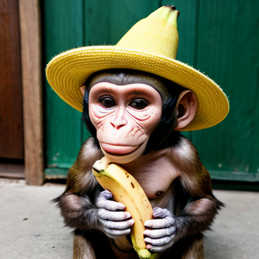 małpka z bananem i kapeluszem
