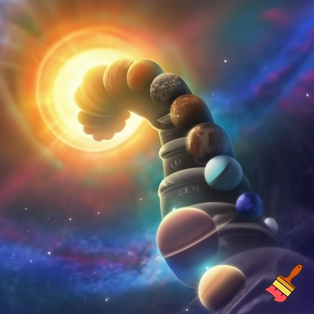 Make a solar system but make it look like a caterpillar walking in space, the sun is the head, and the planets are the body