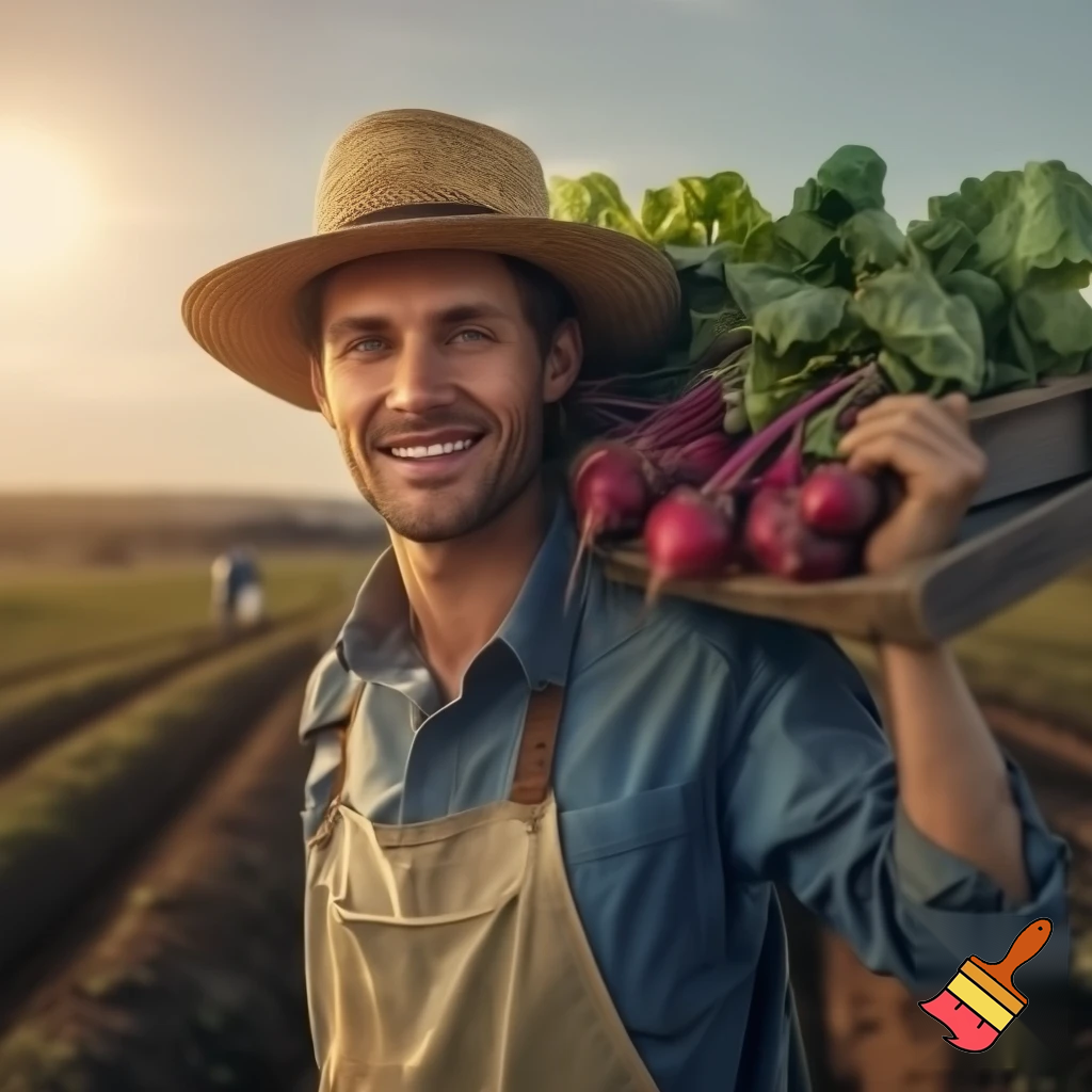 Cinematic portrait of a young farmer smiling confidently, 25–30 years old, fair skin, wearing a wide-brim straw hat, light blue work shirt and beige apron. He carries a wooden crate full of freshly harvested vegetables on his shoulder: beets with vibrant green leaves, lettuce, radishes and leafy greens. Shot outdoors in a cultivated rural field with long crop rows. Golden hour lighting, warm sunlight, cinematic color grading, soft highlights and natural shadows. Shallow depth of field, background slightly blurred, farm workers visible in the distance. Ultra-realistic photography, 35mm lens look, high dynamic range, authentic rural atmosphere, inspirational and emotional tone, sustainable agriculture, film still quality. Optional parameters (Midjourney): --ar 16:9 --v 6 --style raw --q 2