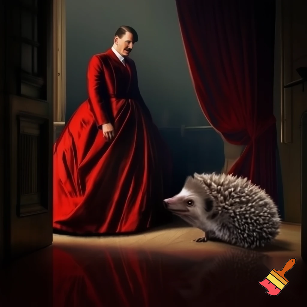 Hitler wearing a red dress taking a giant hedgehog to dinner