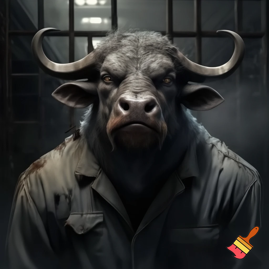 water buffalo:
mug shot standing
evil 
sinister
prison outfit
