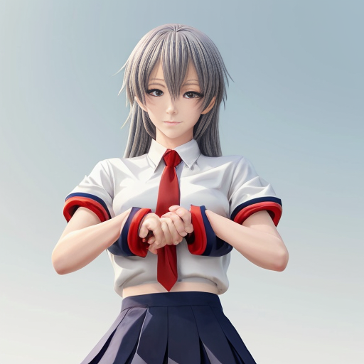 Haruka Sakura from Wind Breaker anime, male character, upper body portrait, serious and silent expression, battle-ready stance with slightly turned shoulders, hair short, straight with slight waves at ends, left side hair white, right side hair black, hair slightly messy and flowing with motion, heterochromia eyes: left eye gold, right eye dark blue, sharp and focused gaze, natural anime skin tone, wearing standard Furin High School uniform with small tears and battle damage details, white shirt slightly rumpled, navy blazer with emblem, red necktie, hands clenched and ready for combat, anime-style gloves on hands, dynamic pose suggesting imminent action, subtle motion lines for movement, simple light-colored background, clean and sharp anime line art, vibrant and saturated anime colors, realistic shadows and highlights on hair and clothing, determined and calm demeanor, slight wind effect making hair and tie move, upper body emphasis showing shoulders and chest area clearly, faithful to original character design, intense and focused aura.