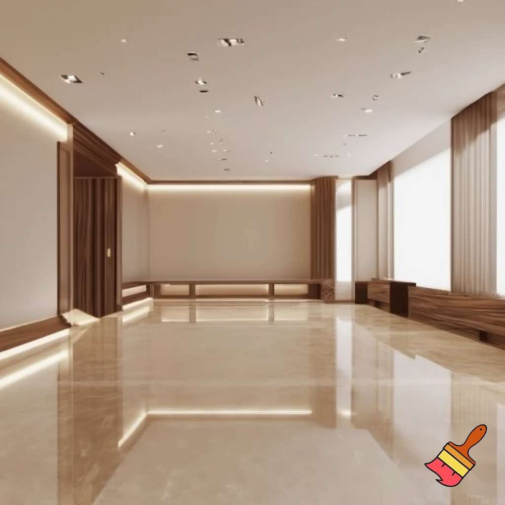 Modern rectangular exhibition hall with an elegant, minimalist design. The space features polished beige marble flooring that softly reflects light, creating a sense of luxury and spaciousness. The walls are smooth and painted in neutral tones, accented with natural wood details on columns, baseboards, and decorative panels. Warm lighting from recessed ceiling fixtures and spotlights highlights the displayed pieces. Large windows allow natural light to fill the room. Contemporary furniture with clean lines and high-quality materials creates a sophisticated, serene, and welcoming atmosphere.