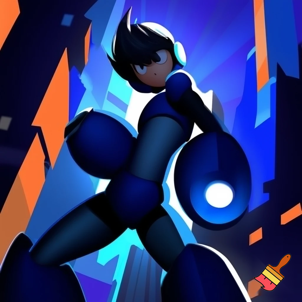 Mega man striking a pose but without his helmet. Instead mega mans head has dark black hair on top. 