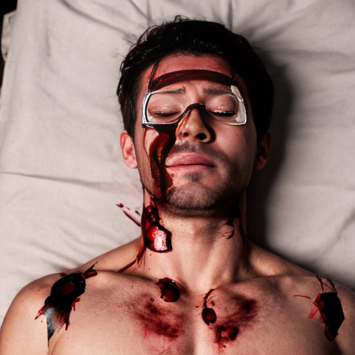 A shirtless man, face are hiding by shirt with cut on eye part, died, chest open wounded, blood everywhere, eye closed.
