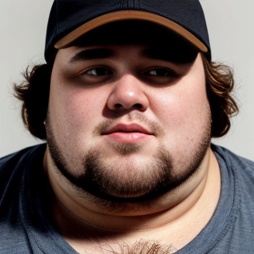 28 Year old Fat Guy with a big nose and has medium sized curly blonde hair and is wearing a plain brown cap