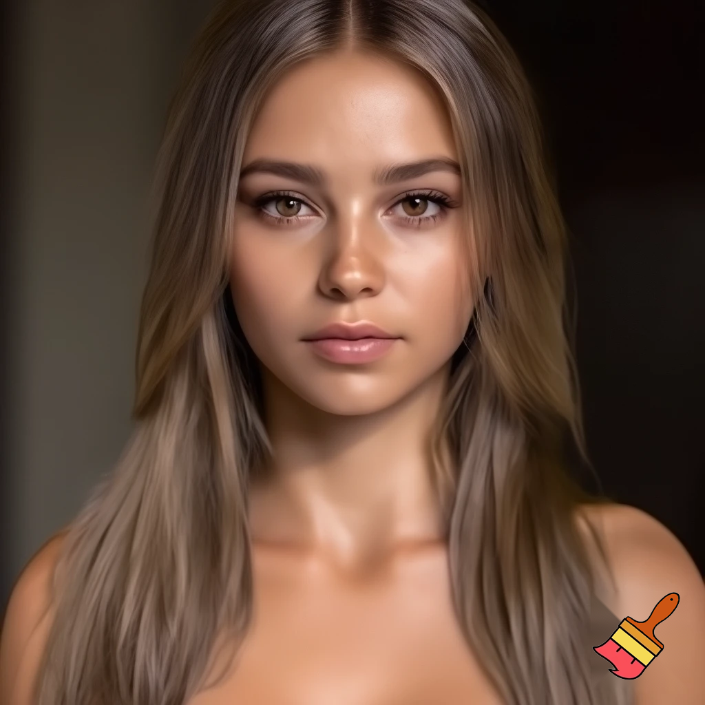 Photorealistic full body picture of a woman, approximately 22 years old, with long legs and athletic figure. She has long, naturally flowing light brown blonde hair, oval face, almond-shaped brown eyes, average eye spacing, slim straight nose, naturally full lips, soft facial features, harmonious proportion and delicate, harmonious facial features. Her overall presence is confident, natural, and modern.  Natural daylight. Topless and black jeans. nipple piercing,