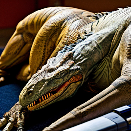 A sleeping female Velociraptor. There are 6 tranquilizer darts in her butt, 3 in her tail, and 2 on her nose. 