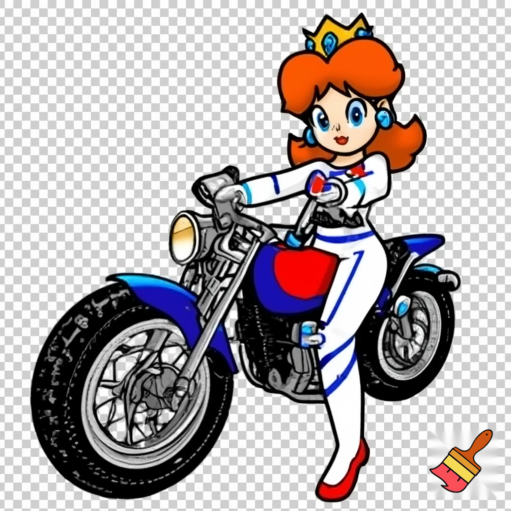 princess daisy riding a motorcycle wearing a racing jump suit in classic line art style with full color