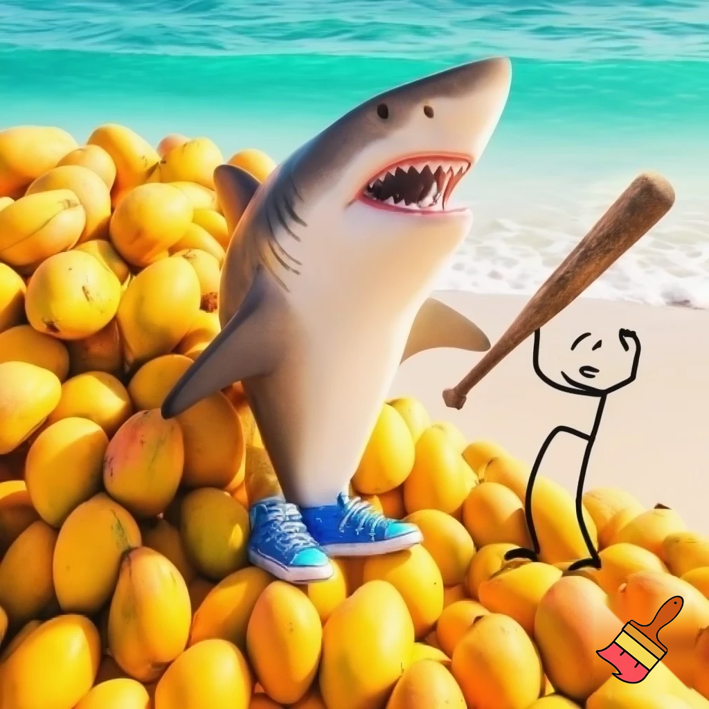 make me a shark with blue shoes and make him by the ocean, while he has 67 mangos and a stick guy holding a wooden bat is with him