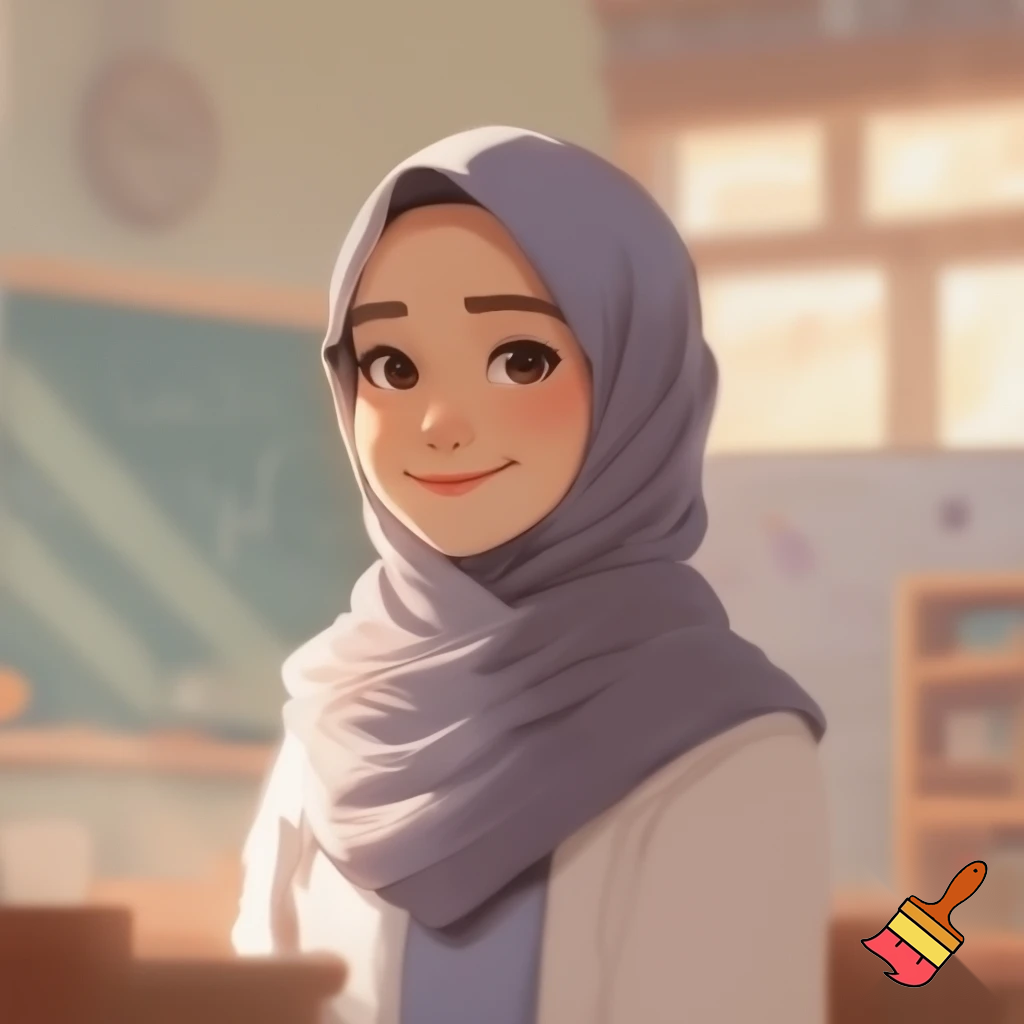 a medium-sized, white-skinned, hijab-wearing female teacher