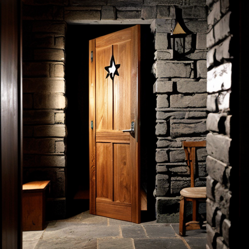a wooden door with a star scratched onto it in a dark passage way with stone bricks.