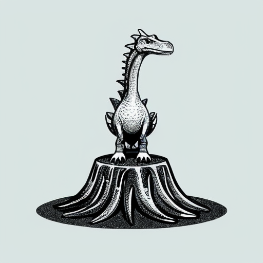 A dinosaur with a hell demon like head and it has wigs it is guarding an egg that is on top of a magma  pillar. There are some tiny dragons around it the area is covered in magma