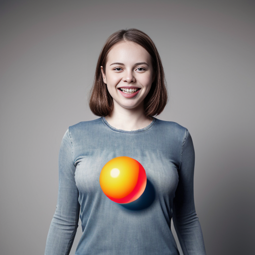 A woman, depicted as a spherical shape inflated like a balloon, is centrally positioned against a light gray background. She is of light complexion, and appears to be a young adult. She is wearing a light teal/grayish-blue, loose-fitting long-sleeved shirt, and dark-wash denim jeans. Her facial expression is slightly happy. Her body is exaggeratedly rounded, forming a sphere, with no visible definition of limbs except hands and feet. The style is surreal and comedic, with a digital or graphic manipulation aesthetic. The lighting is even and diffused, casting no strong shadows. The image is presented from a slightly high-angle perspective, emphasizing the exaggerated spherical form. The overall impression is one of visual humor and artistic distortion 