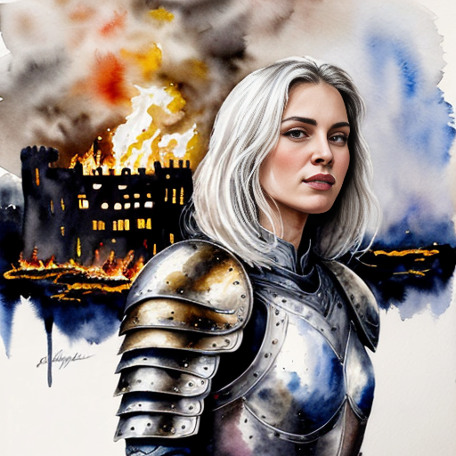 young, tall, white-haired woman in armor stands in front of a burning castle into which meteorites are falling.