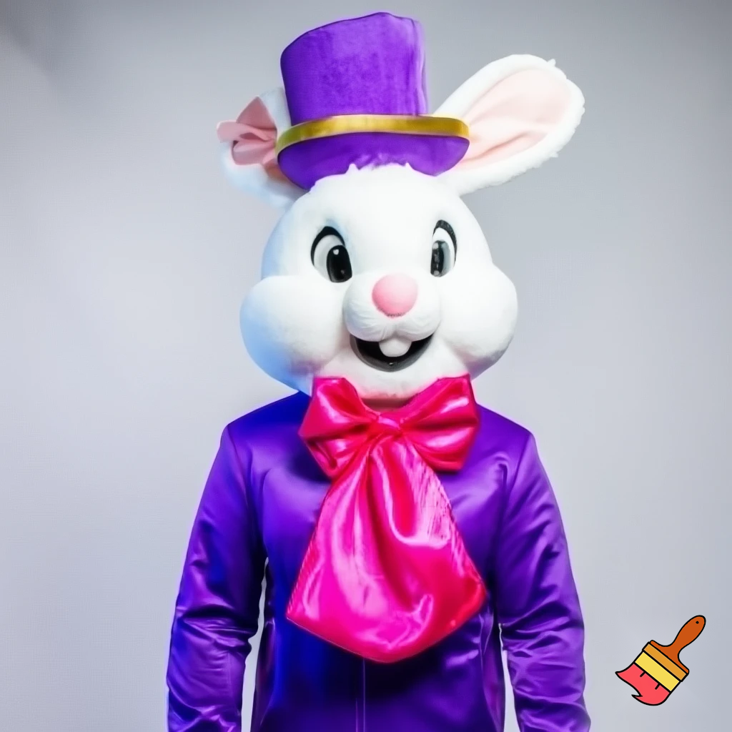 Easter bunny mascot costume top hat a colour face jacket purple and pink pink, purple and pink and gold purple and pink and gold