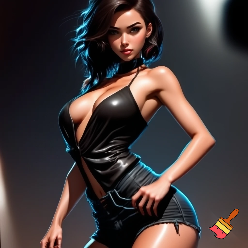 girl 20 years old so cool and cute is dressing a low cut dress and very revaluing and cool short black jeans is standing make is so realistic is doing an cool pose