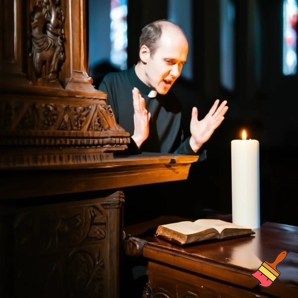 A priest preaching from a pulpit, or a close-up of a Bible open on a table with a candle beside it.
