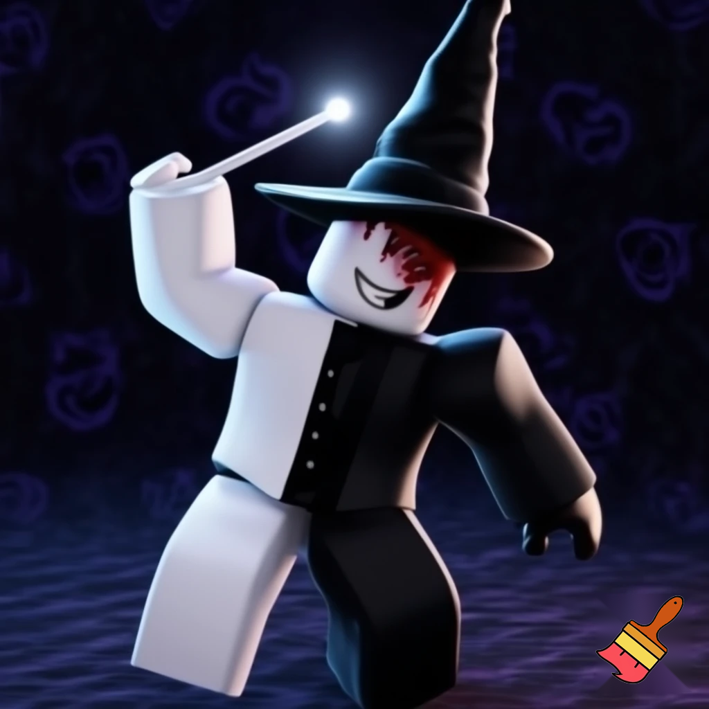 Roblox Person with white skin is wearing a white suit on one half of their body and black suit on the other half and half black mask and a wizzed hat and magic wand with black pants and black gloves and has some blood in his mask and smiling