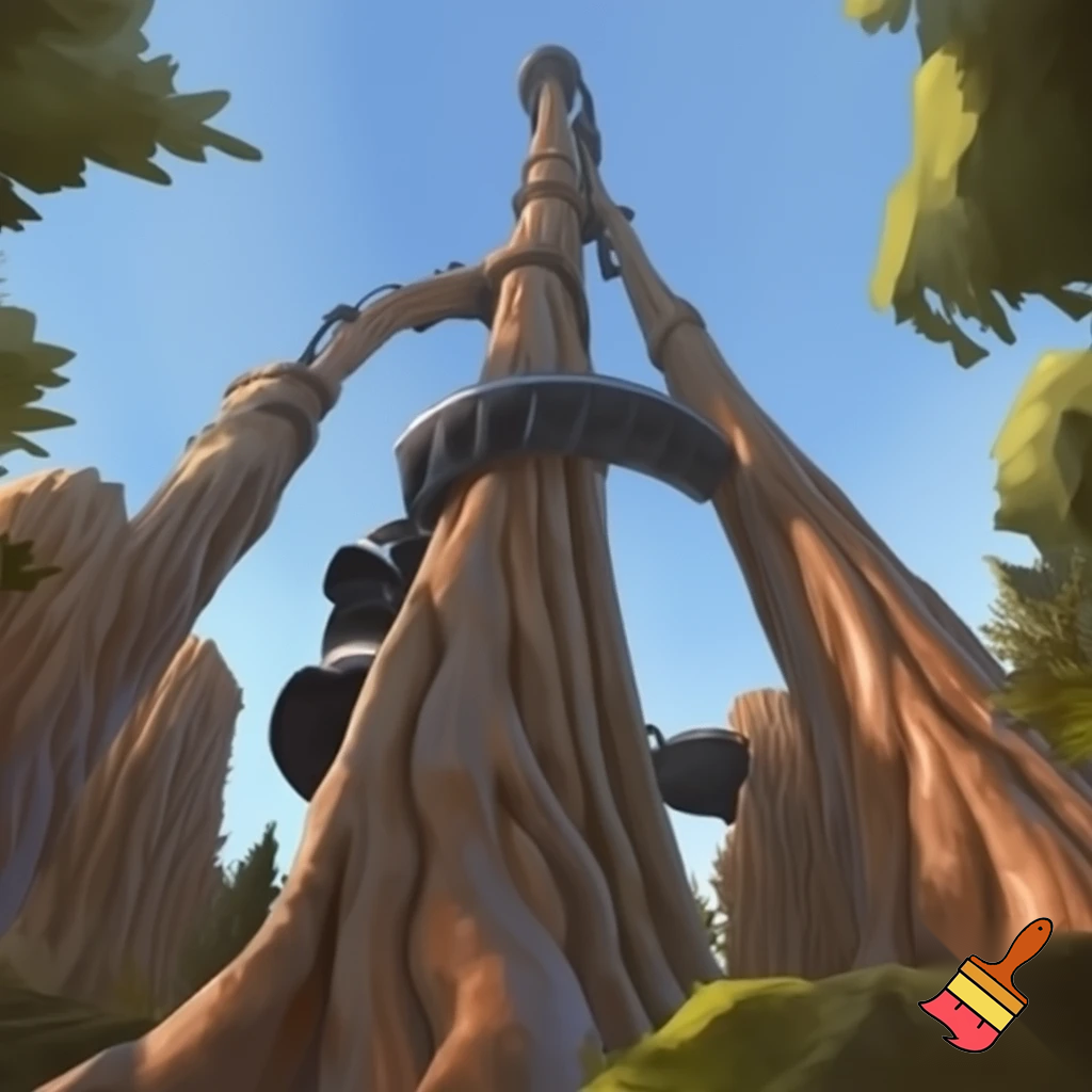 Make a drop tower theme park ride inspired by the California redwood trees. With a restraint and goes up and down
