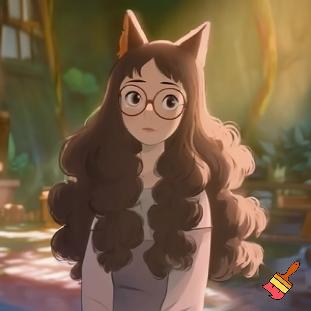 CUTE cat woman with curly hair and glasses in a ghibli style