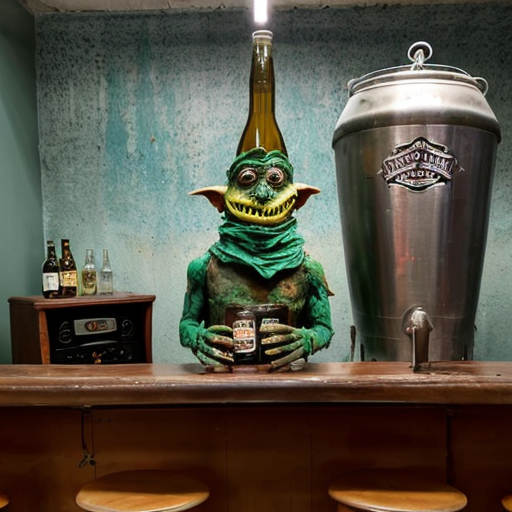 a grotesque, photorealistic dive bar frozen in time—peeling wallpaper stained with decades of smoke and spilled liquor, broken furniture piled like carcasses in the corners, a single flickering bulb casting jaundiced light. Front and center, a nightmare scarecrow slouches on a stool, its burlap face split by a stitched grin, cornstalk fingers wrapped around a bottle of Jack Daniels, tendrils of hay spilling from its rotting chest cavity where whiskey drips into exposed ribs. Beside it, three 1950s-era hazmat suits—faded yellow rubber, cracked visors fogged with condensation—lean drunkenly against the bar, gloved hands clutching martini glasses filled with neon-green sludge. A hunchbacked goblin with pustular skin and jagged teeth perches on a keg, chugging a foaming beer that spills down its chin onto a taxidermied rat hanging from its necklace. Towering over them all, a corroded bronze statue of Satan rises from the debris, one hoof resting on a toppled jukebox, its leering face tilted as if amused by the decay. The air is thick with the ghosts of a thousand bad decisions