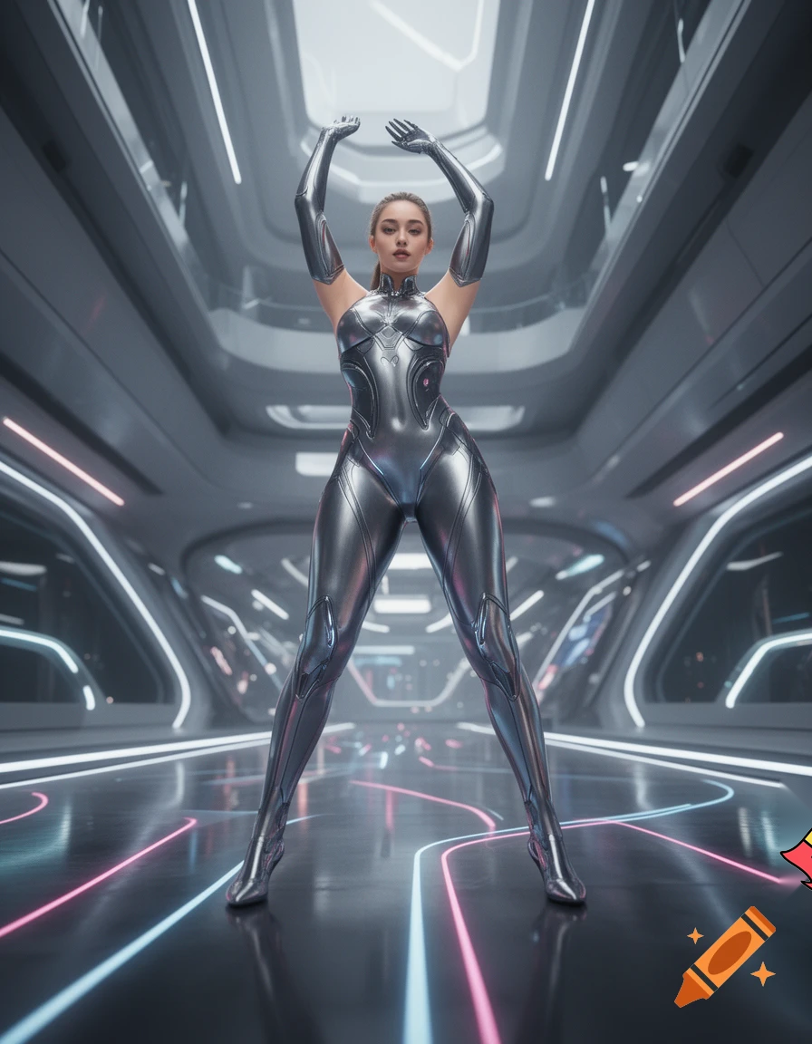 Draw several versions of a girl from the future, hyper-feminine in full height, with pronounced curves, showing the skin of the armpit area, arms up, hyper-detailed hip and thigh area, cinematic, different angles from the knees.