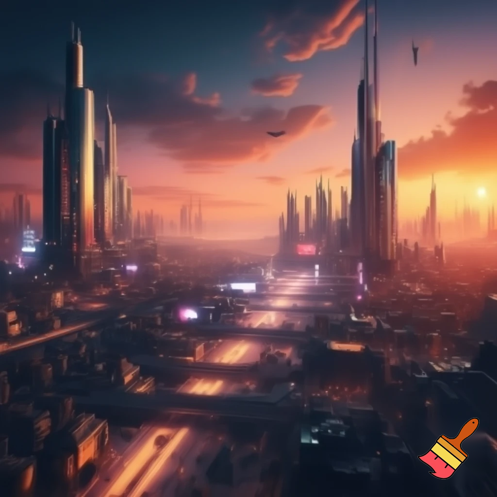 a futuristic cityscape at sunset, photorealistic