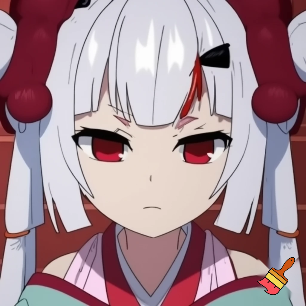 anime girl with white hair and red eyes and cultural japonese 