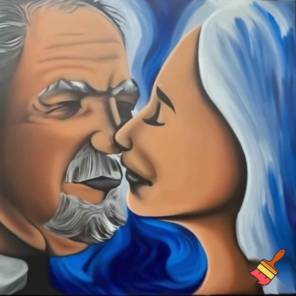 acrylic painting romantic couple older man and young woman with a long hair love blue and grey modern abstract
