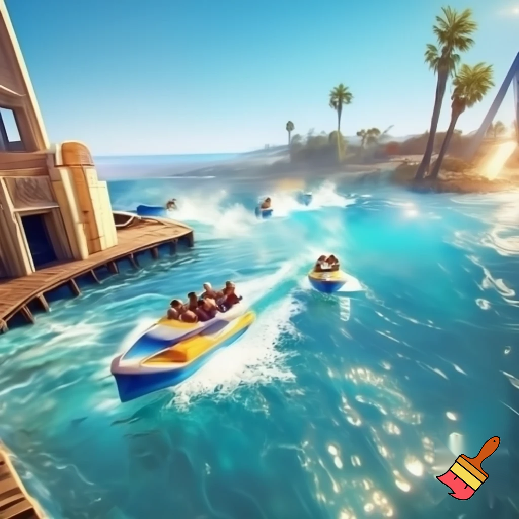 Create a realistic water boat theme park ride inspired in beachy Malibu with a fun vibe. Add path