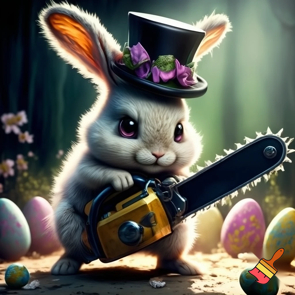 Easter bunny mascot top hat costume with a chainsaw