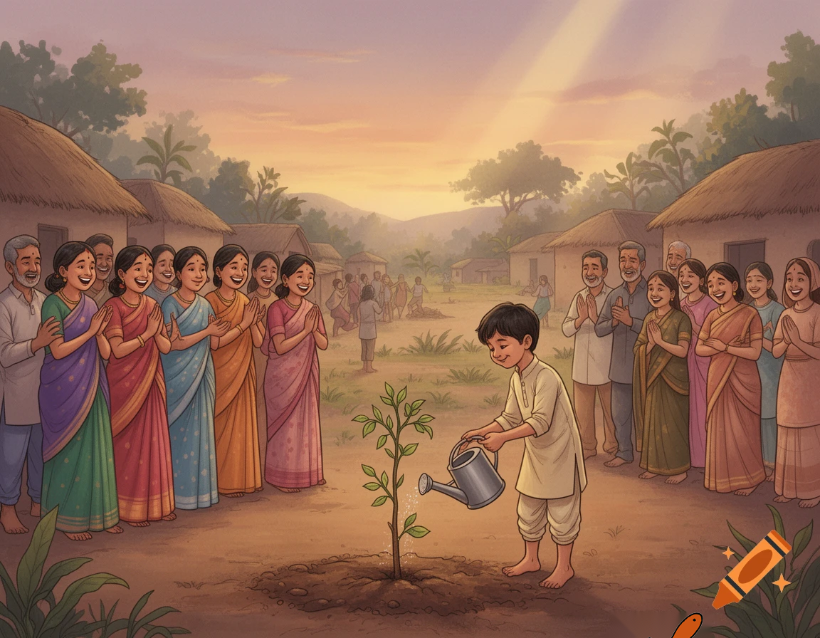 Village people smiling and laughing gently while watching a small boy water a tree, traditional Indian clothes, rural environment, friendly atmosphere, illustrated kids book style
