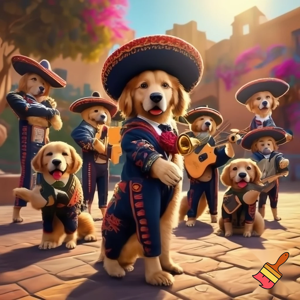 A mariachi band made up of golden retrievers 