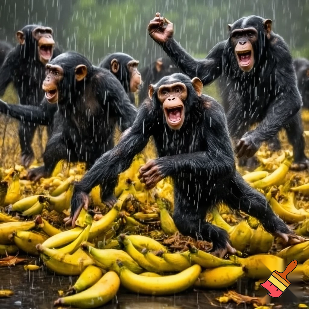 Hazme un grupo de changos bailando mientras llueve plátanos