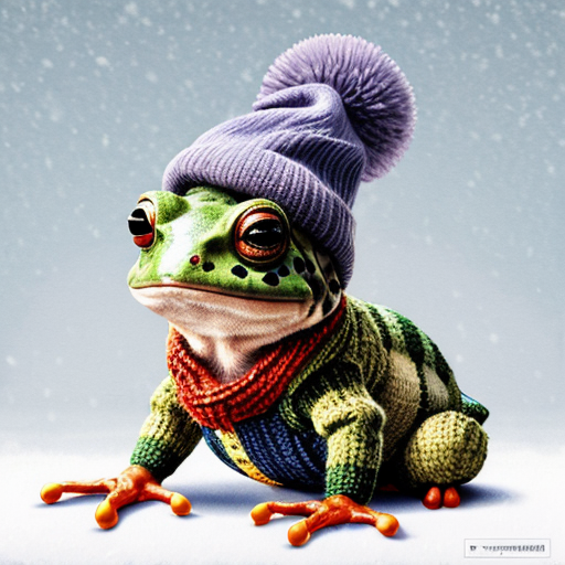 A laughable, puzzled animal toad in woolen, multicoloured winter clothings with woolen winter cap. Hyperrealistic art style.