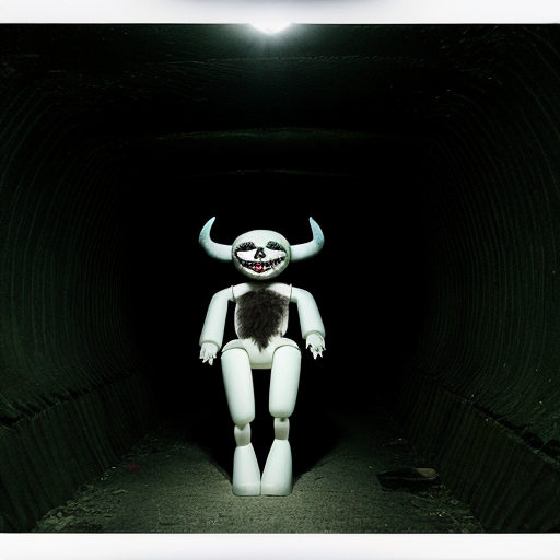 A 9:16 aspect ratio pic of 
Photorealistic found-footage flash photography of three uncanny puppets in a dark concrete tunnel. Left: furry grinning demon with horns. Center: pale, blank-faced puppet in an oversized white military cap. Right: tall, grinning white puppet with hollow black eyes and a propeller beanie. Analog horror, heavy VHS grain, harsh camera flash, eerie green-blue tint, macabre, liminal space.