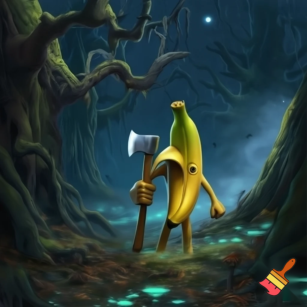 Banana man holding a axe in the woods it night