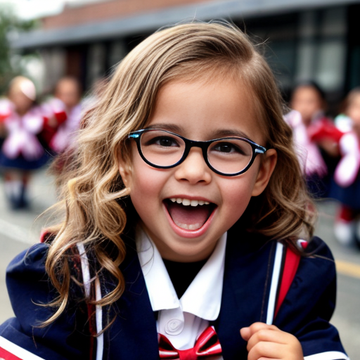 Cute adorable niña Chilindrina glasses con hair lazo curly Blonde con sailor uniforme escolar con zapatos negros escolar con calcetines blancos con Estados Unidos América bandera con desfile con ciudad 1