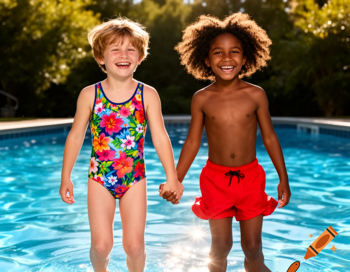 A wholesome scene suitable for children. A ten year old couple having fun on their first date. He is white and she is black. They are holding hands. They traded swim suits: she is wearing his trunks and he is wearing her tank leotard. They are about to swim in the pool behind them.