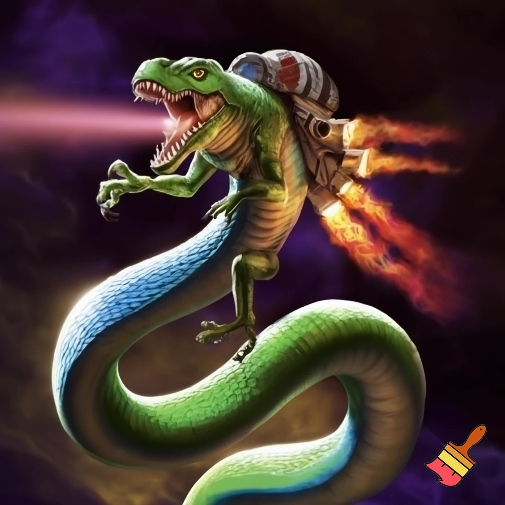 A snake with t-Rex arms and legs with a jetpack