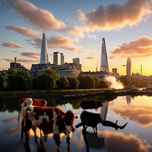 make the skyline of london with a sunset and fluying cows in the sky