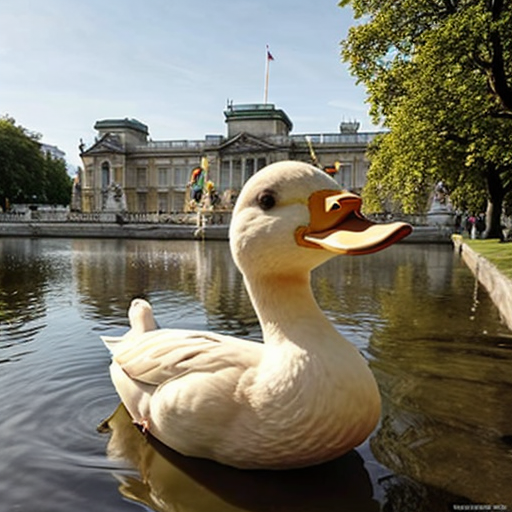 "Duckingham pallace" : buckingham palace with a duck theme, the pallace itself is yellow and rubbery, cartoon-like.