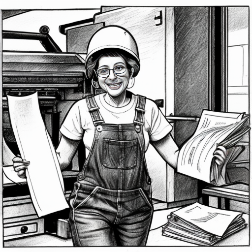 Humorous pencil sketch caricature of a female “star worker” in a printing press, keeping likeness to the photo, exaggerated cheerful smile, expressive eyes with glasses, short hair slightly wind-blown, a few earrings, she has 60 years old, wearing overalls with rolled-up legs and a simple t-shirt, dynamic triumphant pose holding a stack of paper, small ants in work helmets carrying paper, printing machines in the background with spinning rollers and floating sheets, comic-style expressive lines, light hatching and shading, playful and satirical, energetic and lively, not mean-spirited, caricature