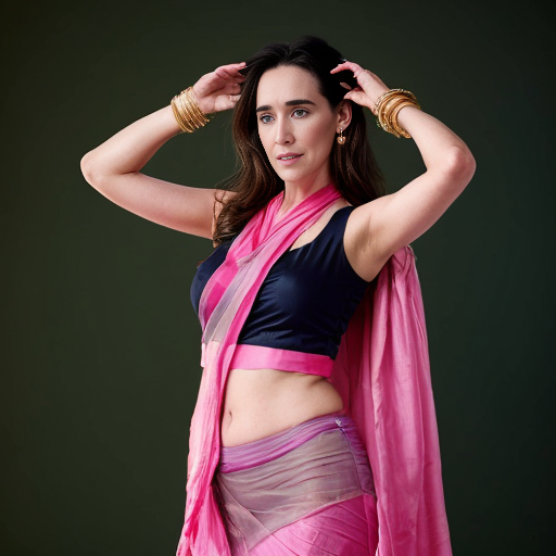 Jennifer Connelly ,24-30 years old, Indian hair style,trying to love, inhaled chest,big open eyes, A plus curvy shaped body structure, showing bangles on hand, bindi,high-quality photo portrait, shot on a Kodak camera, photography, environmental,double eyelid --ar 34:65 --style raw, indian ascent, flying kiss, feeling happy, beautiful legs, wearing violet transparent sari with pink silk crop tank, includes full body structure.