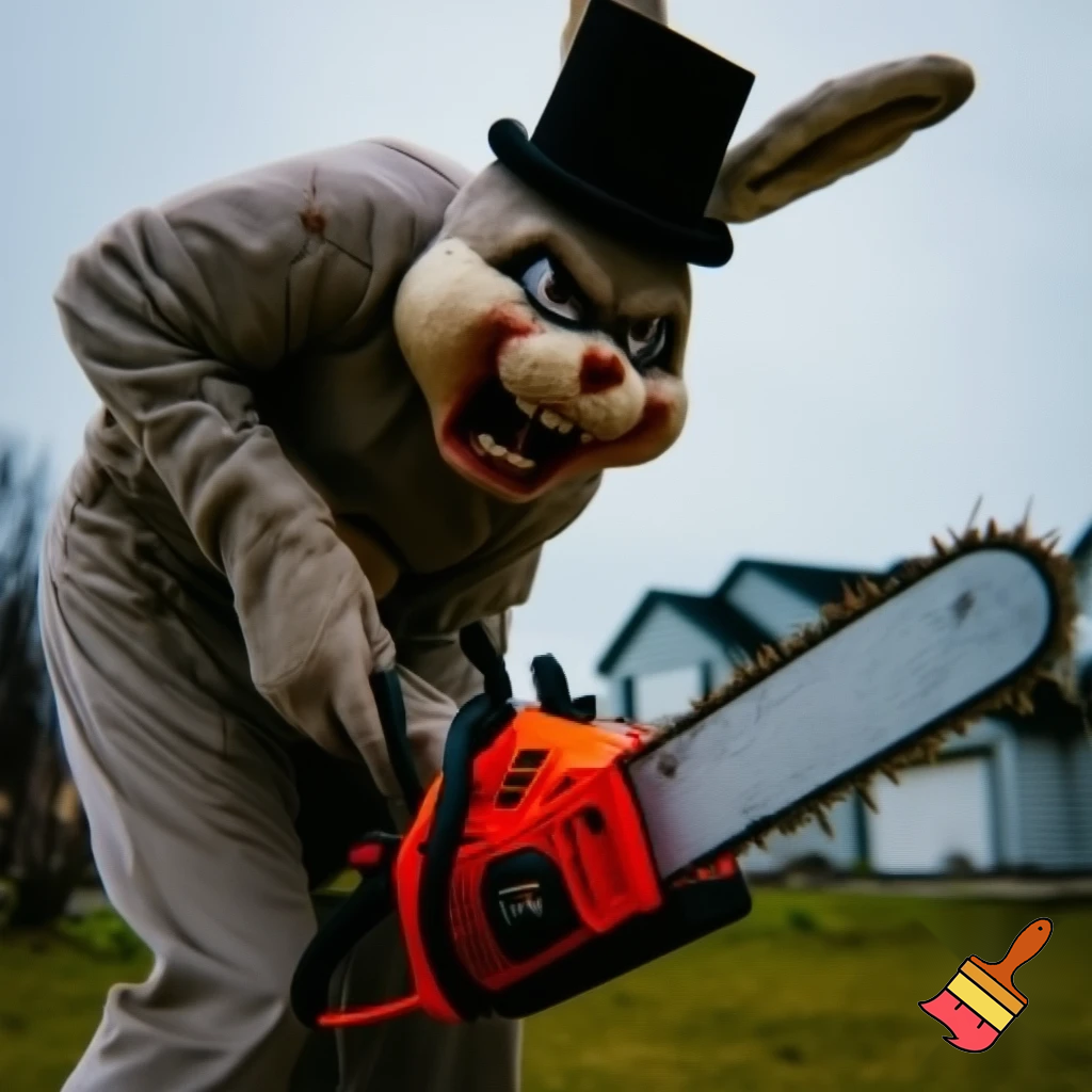 Easter bunny with a chainsaw with a top hat mascot costume go to naughty people angry Easter bunny