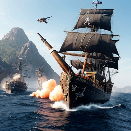 Pirate ship with pirates attacking another ship. Firing cannons and guns. Long cutlasses, peg legs and eye patches
  